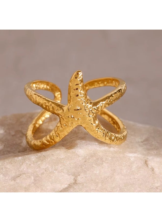 خاتم نجمة البحر الذهبي – مقاس قابل للتعديل – تصميم صيفي عصري – ستانلس ستيل مضاد للحساسية - Image 1